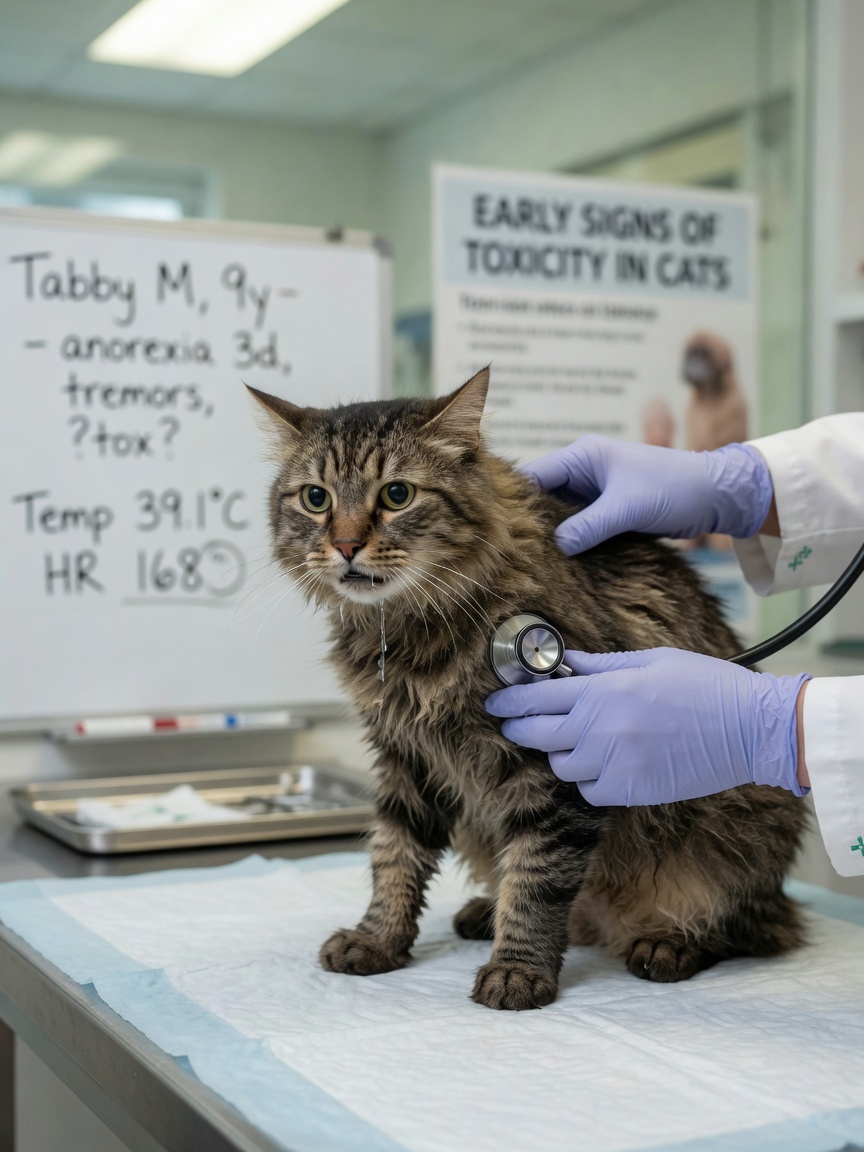 Unwell tabby cat showing toxicity symptoms at veterinary examination with professional hands conducting assessment