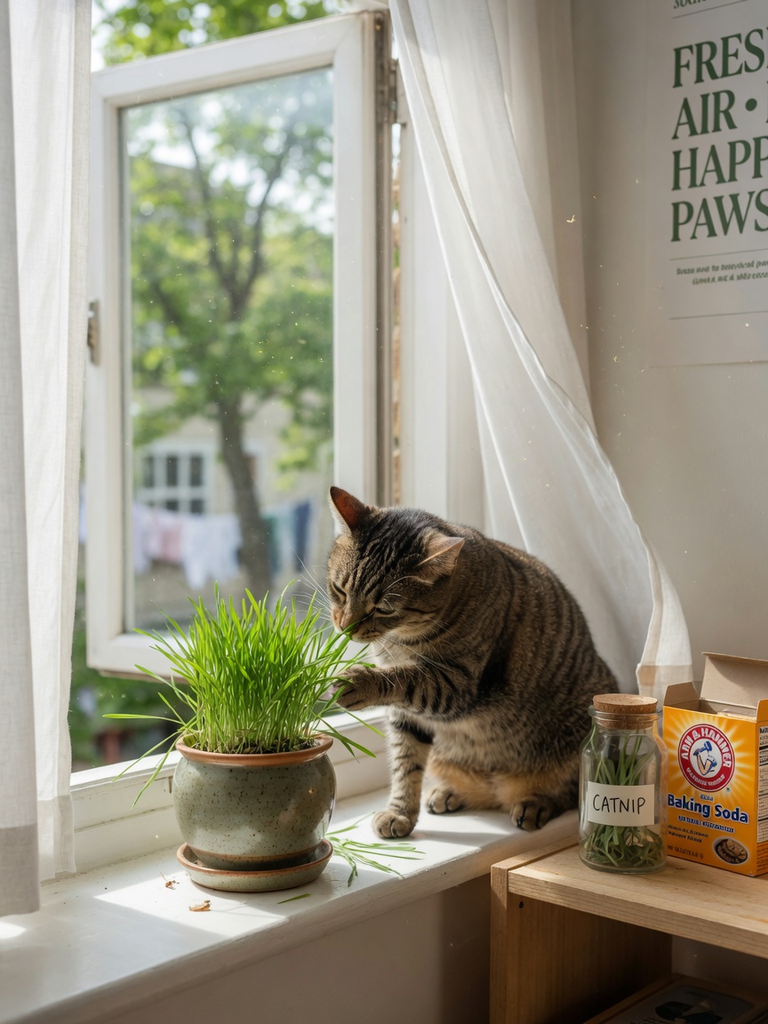 Cat exploring safe alternative cat grass on windowsill with natural ventilation and pet-safe products visible in background