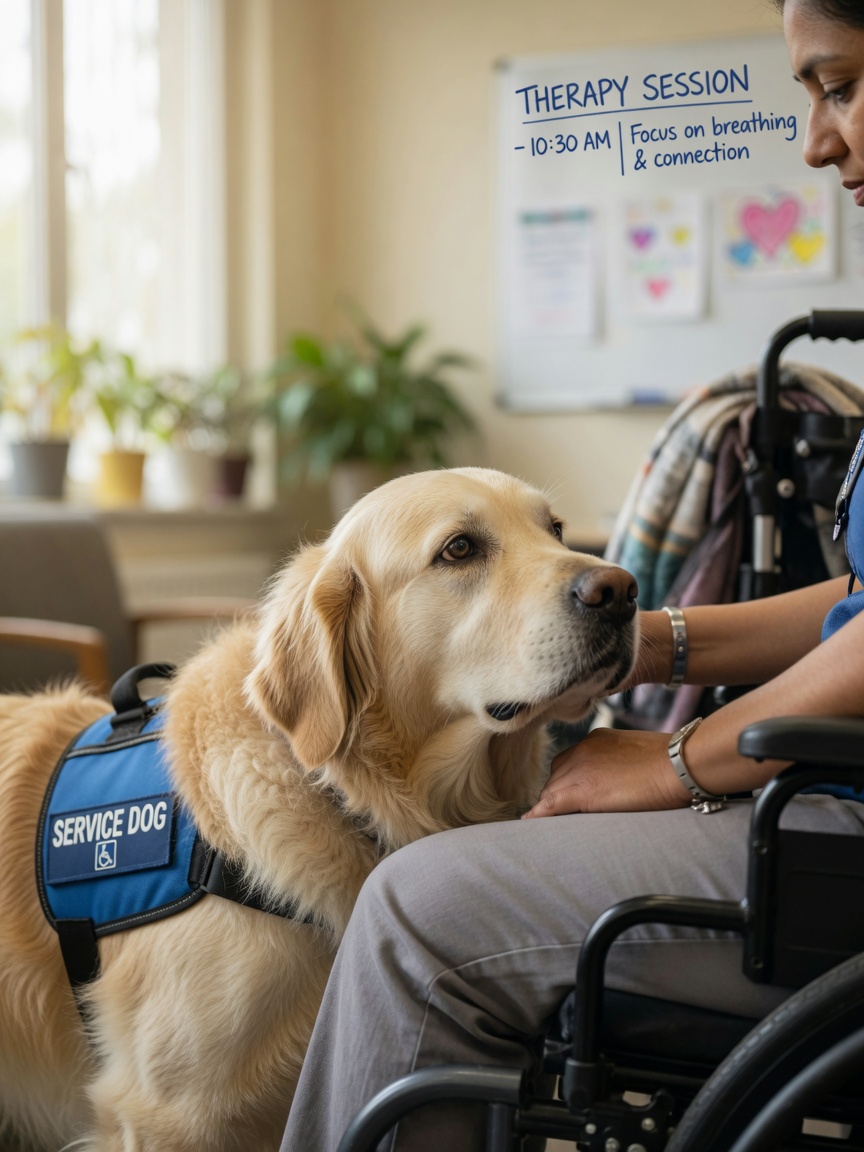 Golden retriever with golden coat serving as a therapy dog, resting its head on the lap of a person in a wheelchair, showing intelligence and compassion