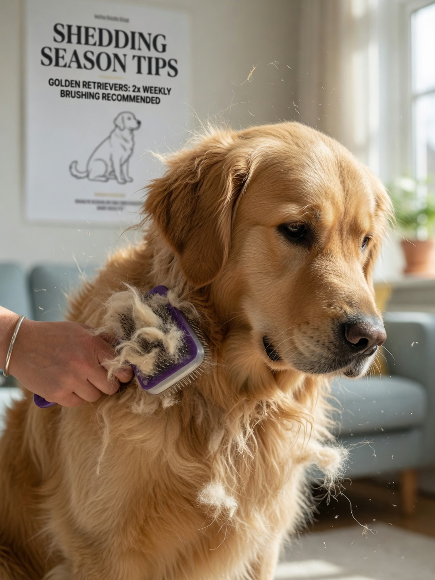 Golden Retriever's thick double coat being brushed, showing heavy shedding and loose fur in natural light