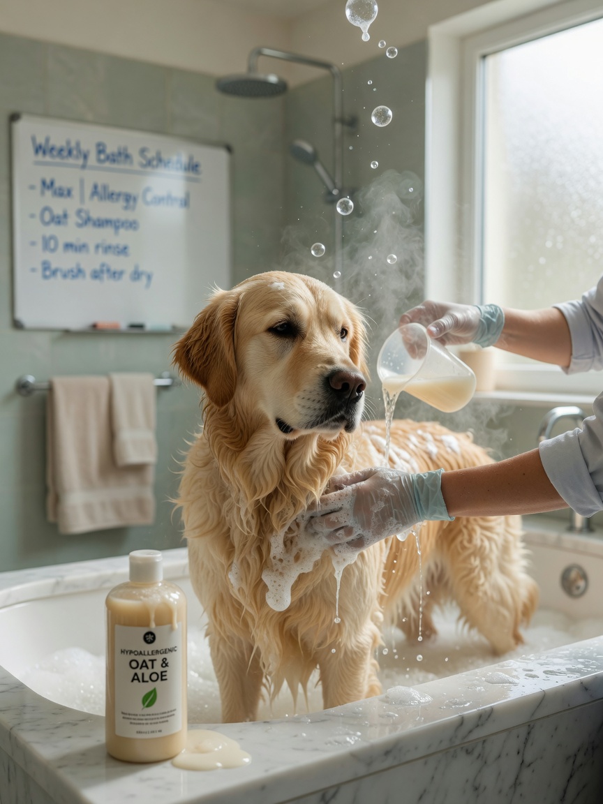 Golden Retriever being bathed weekly with dog shampoo as part of allergy management