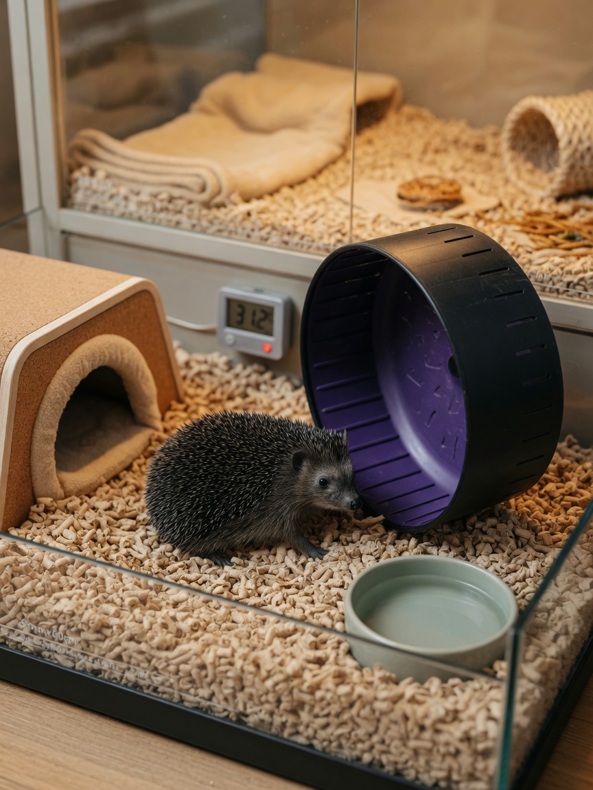 A spacious hedgehog enclosure with exercise wheel, bedding, and shelter, housing an African pygmy hedgehog