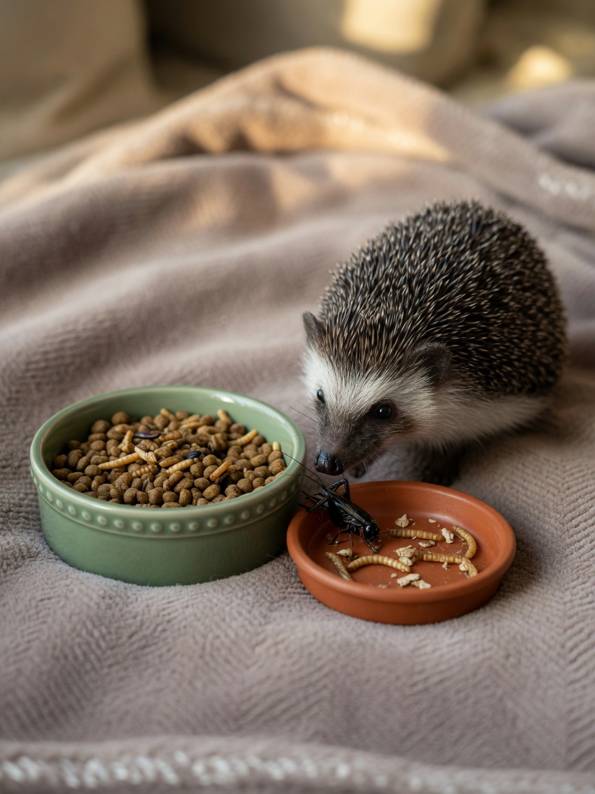 An African pygmy hedgehog feeding on specialized hedgehog food with crickets and mealworms
