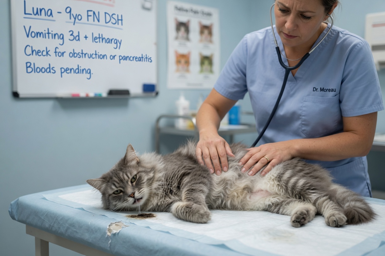 Ill cat on veterinary examination table showing signs of poisoning with drooling