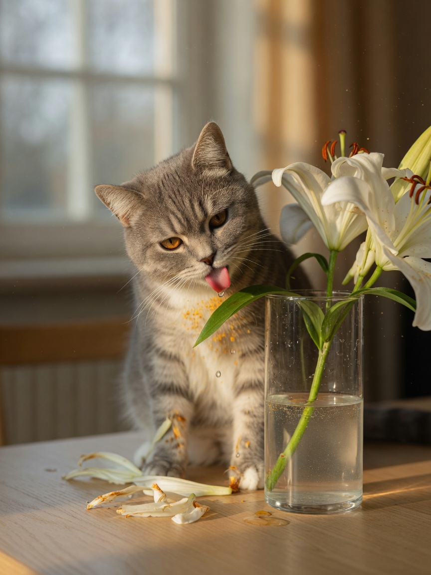 A gray tabby cat preparing to drink from a vase of lilies with fallen petals and pollen visible on its fur.