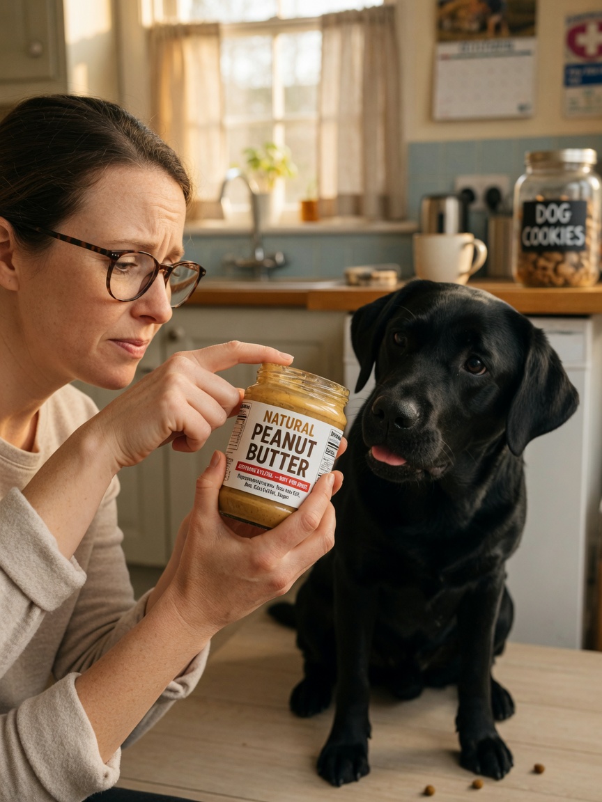 Dog owner reading peanut butter jar label carefully while black Labrador waits nearby