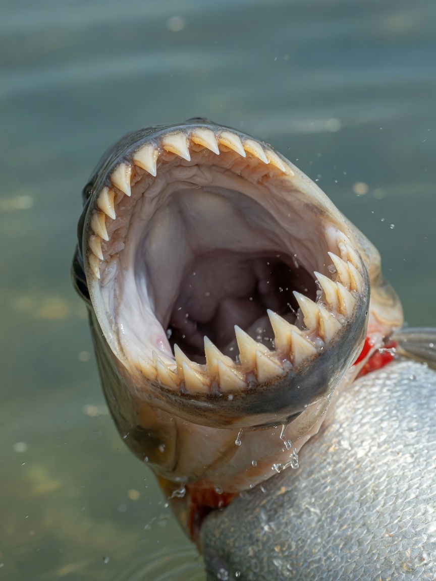 Piranha with open mouth displaying sharp teeth and powerful jaw structure