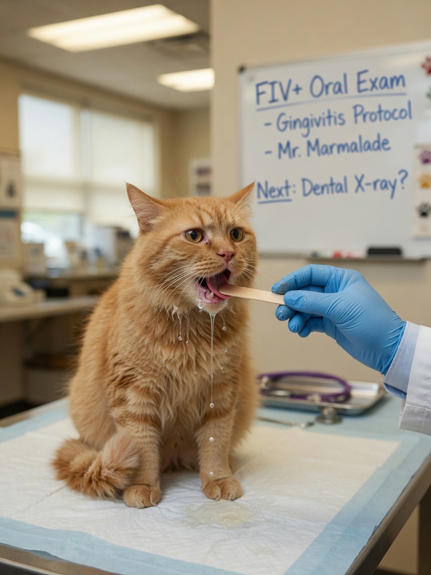 Vet examining drooling cat's mouth for oral irritation symptoms