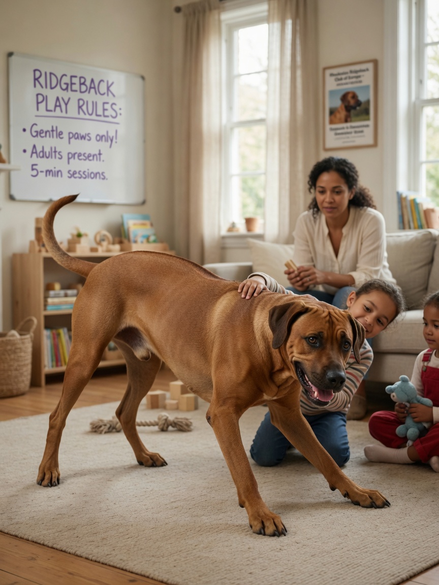 Rhodesian Ridgeback being supervised during interaction with children indoors, demonstrating the importance of parental oversight