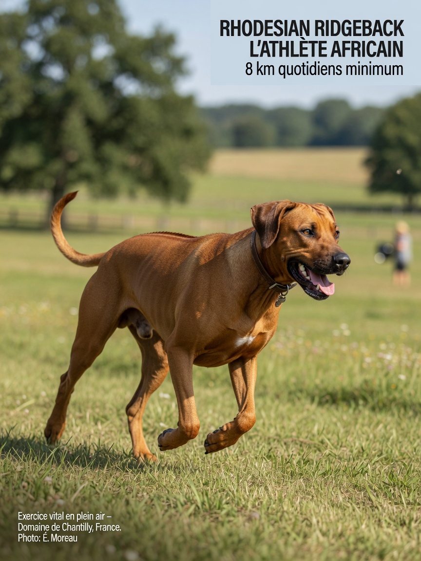 Active Rhodesian Ridgeback exercising in an open outdoor space, illustrating the breed's high energy and need for 90 minutes of daily exercise