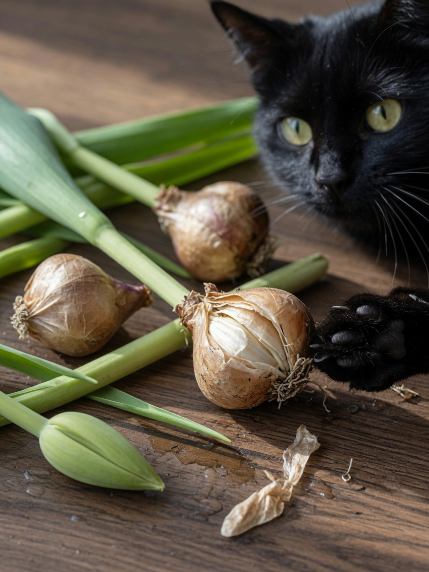 Close-up of toxic tulip bulbs and stems with cat showing interest, highlighting the most dangerous parts of the plant