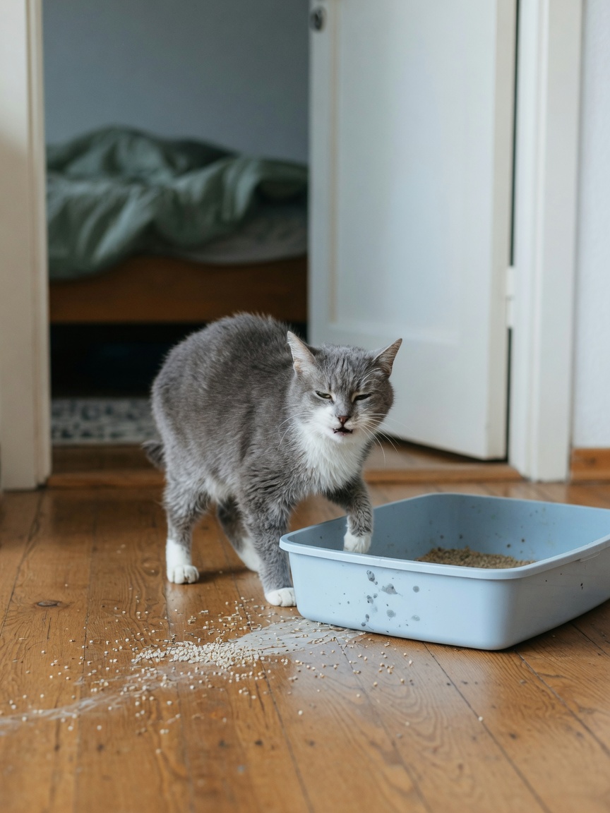 Oudere kat die moeite heeft om in een standaard kattenbak te stappen vanwege artritispijn