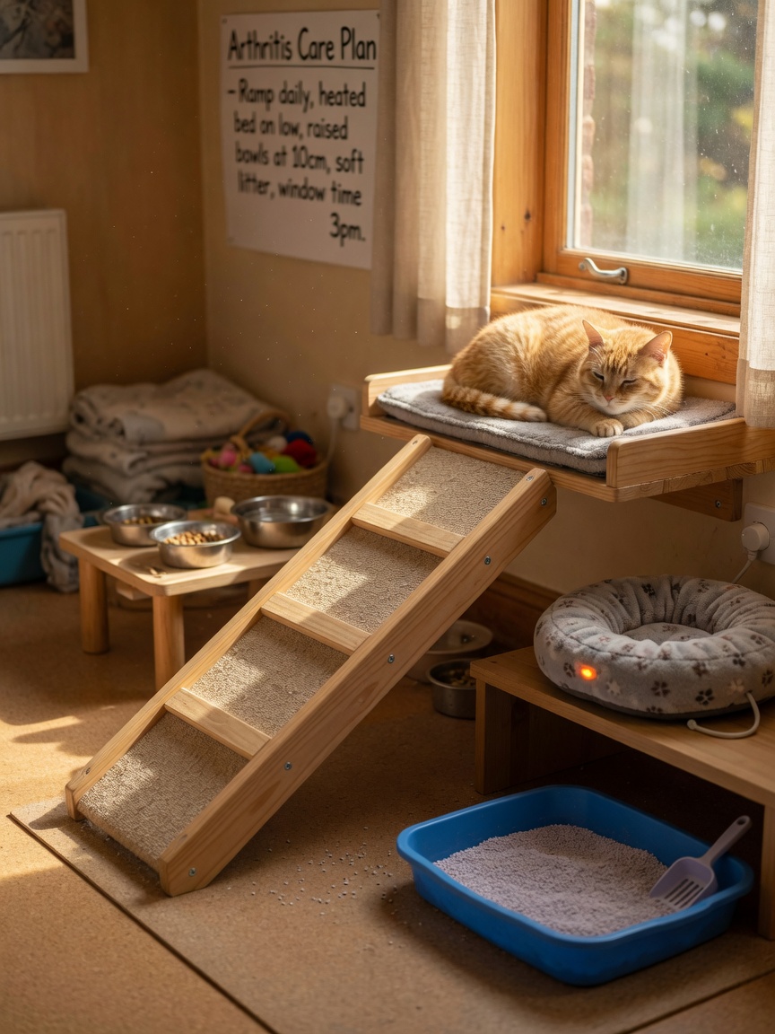 Katvriendelijke huisinstelling met rampen, lage kattenbak en verwarmde bedding voor artritisbehandeling