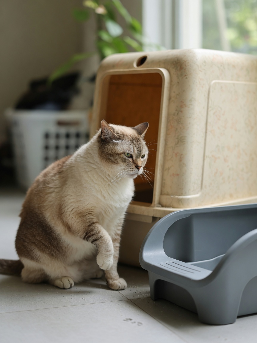 Senior cat demonstrating difficulty with high-sided litter box due to arthritis
