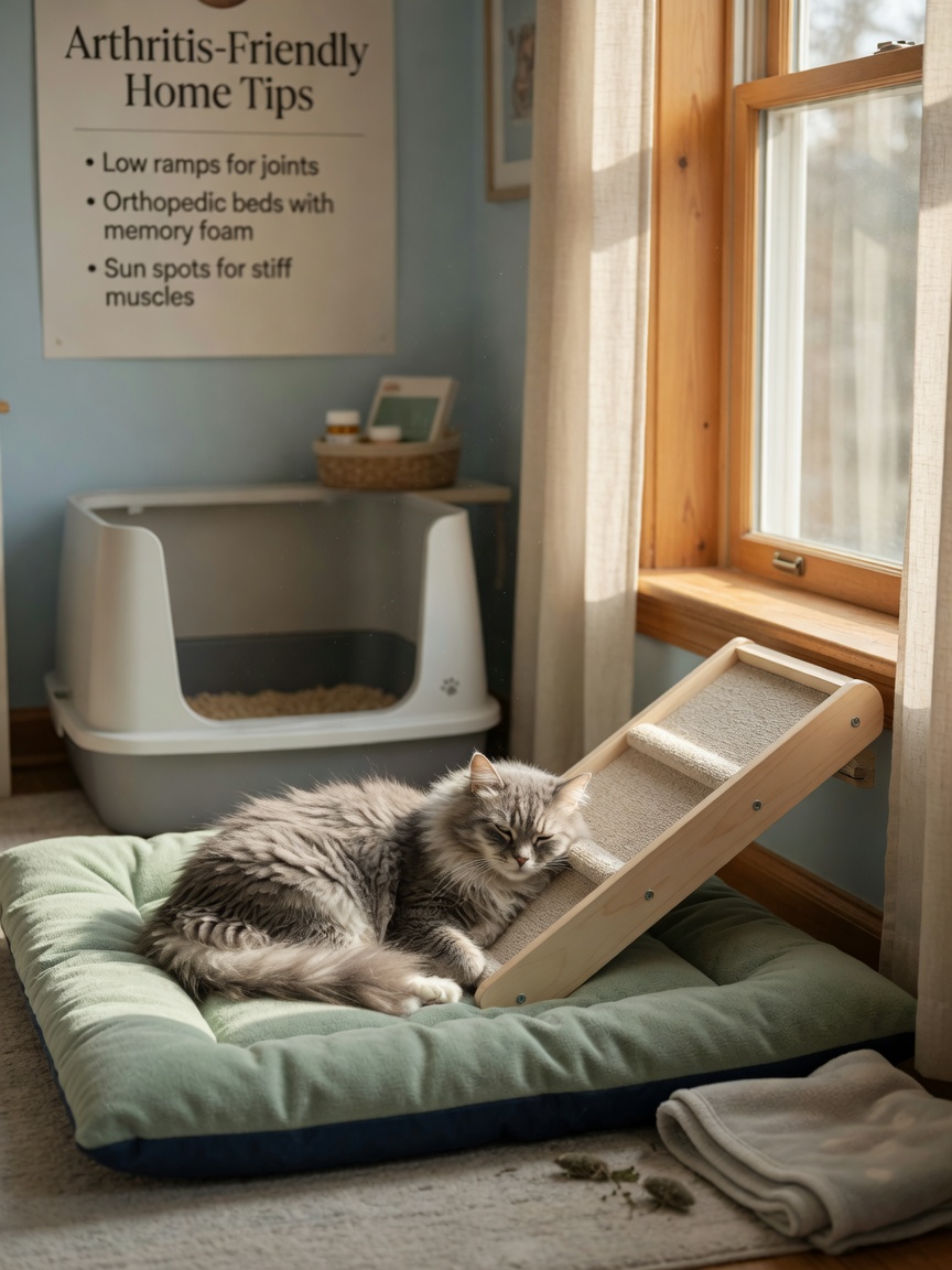 Senior cat resting on soft bedding with ramp access and low-entry litter box showing arthritis-friendly home modifications