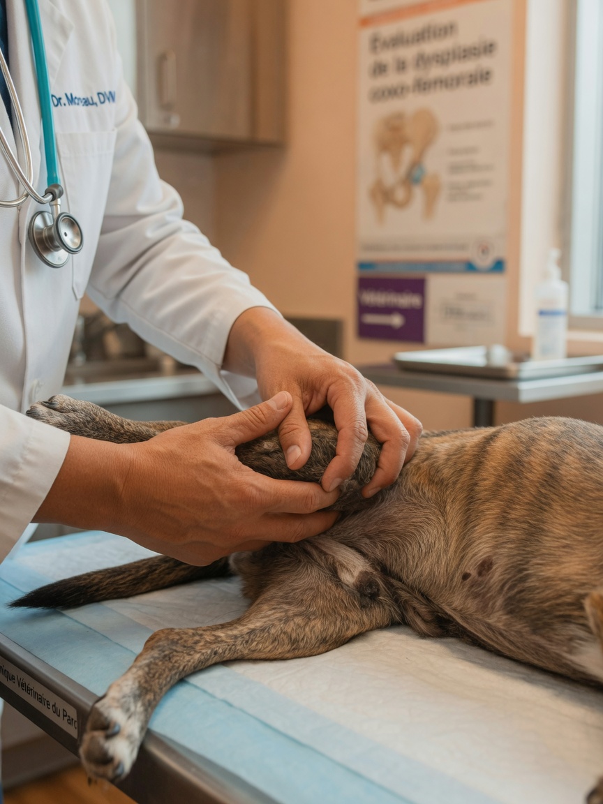 Veterinarian examining a dog's hip and rear leg joint for arthritis diagnosis and treatment planning