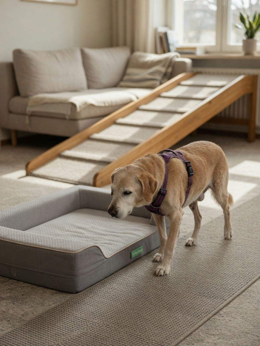Senior dog navigating a home environment with orthopedic bed, ramp, and non-slip flooring for arthritis comfort