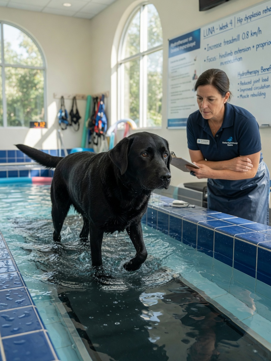 Senior Labrador Retriever die oefent op een onderwateropeenvolging voor artritisrevalidatietherapie