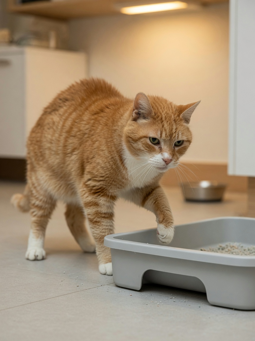 Senior cat hesitating at a low-sided litter tray, demonstrating difficulty and stiffness entering the box