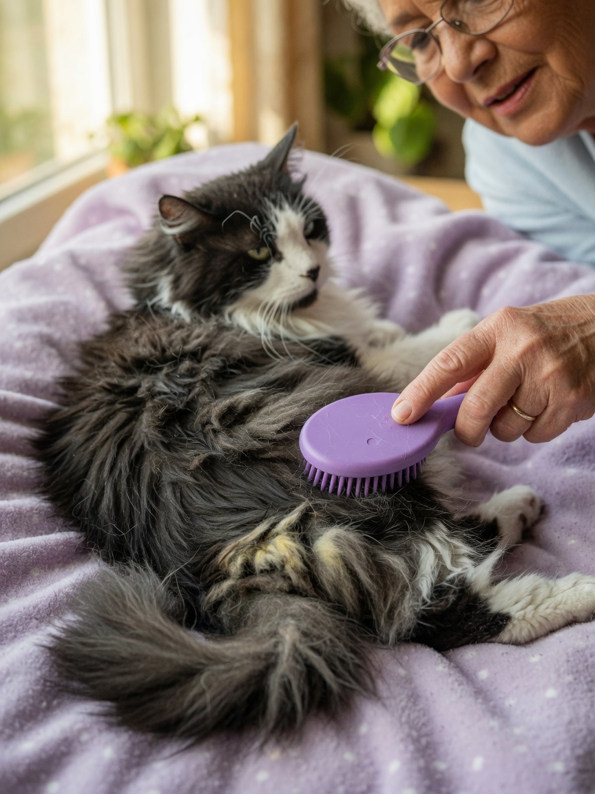 Owner gently brushing matted fur on senior cat's lower back and tail base, showing areas the cat struggles to groom independently