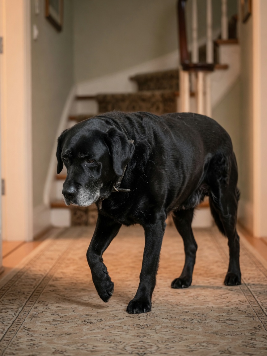 Senior black Labrador limping down hallway with visible muscle wasting in hindquarters, demonstrating lameness and movement difficulty from arthritis