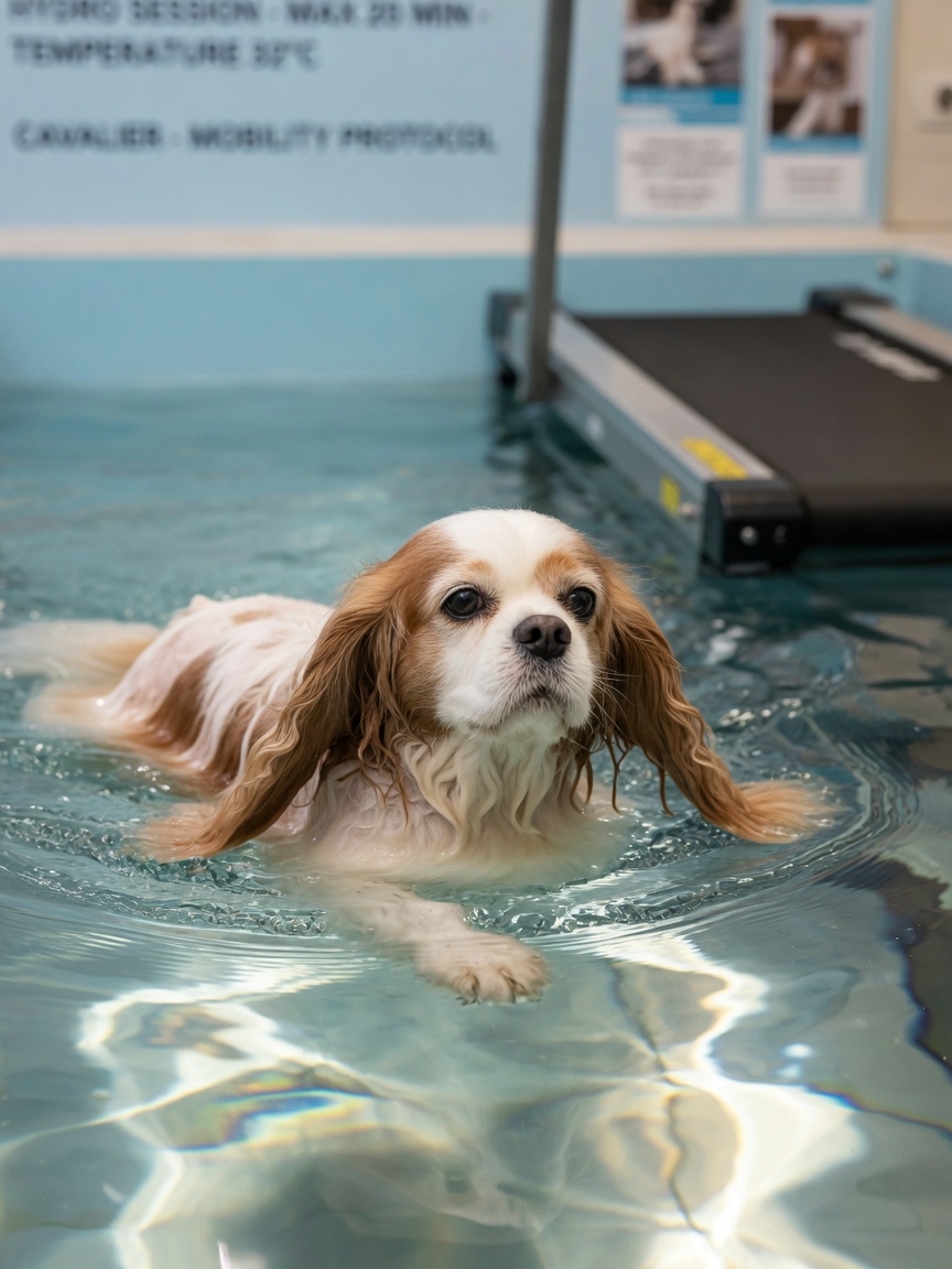 Senior Cavalier King Charles Spaniel swimming in hydrotherapy pool, demonstrating low-impact exercise for arthritic joints with buoyant support