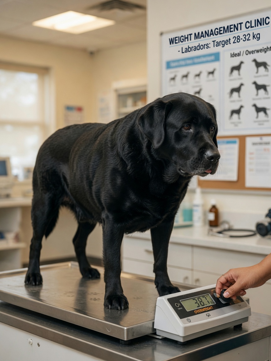 Overweight black Labrador standing on veterinary scale during weight assessment