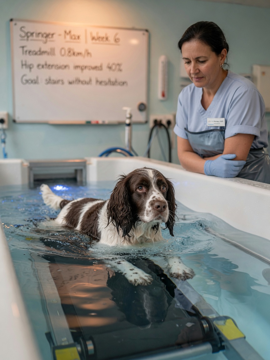 Senior spaniel undergoing hydrotherapy in heated pool with physiotherapist supervision