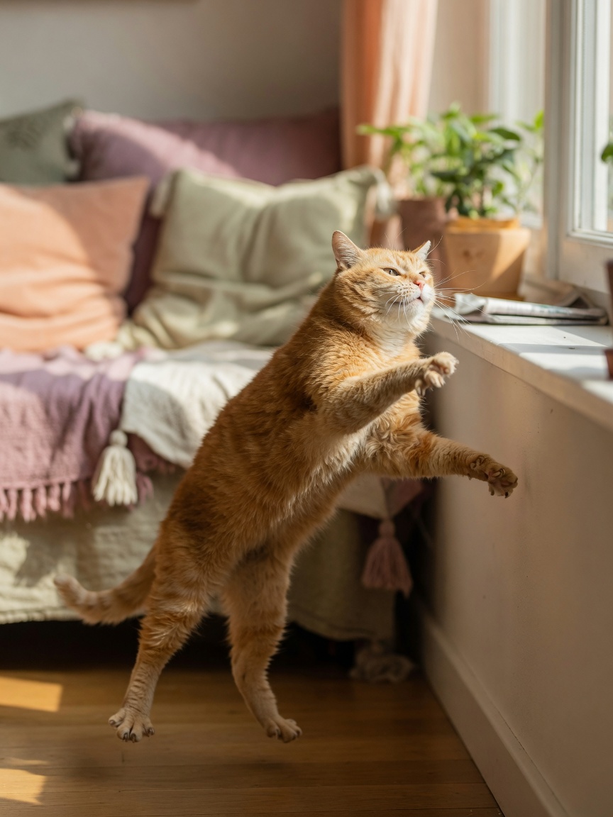 Elderly orange tabby cat struggling with a low jump to a windowsill, demonstrating reduced mobility and joint stiffness