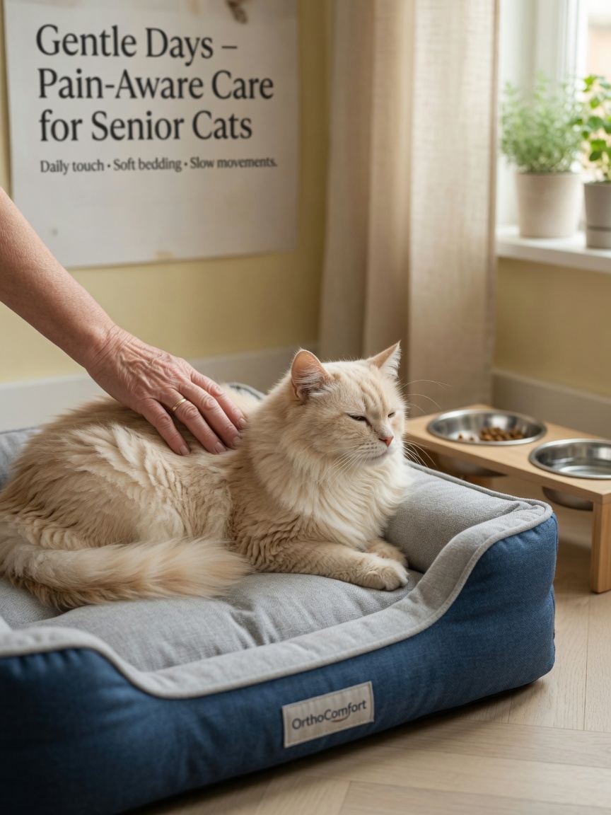 Owner's gentle hand stroking an elderly cat resting on padded orthopedic bedding, demonstrating compassionate pain management care at home
