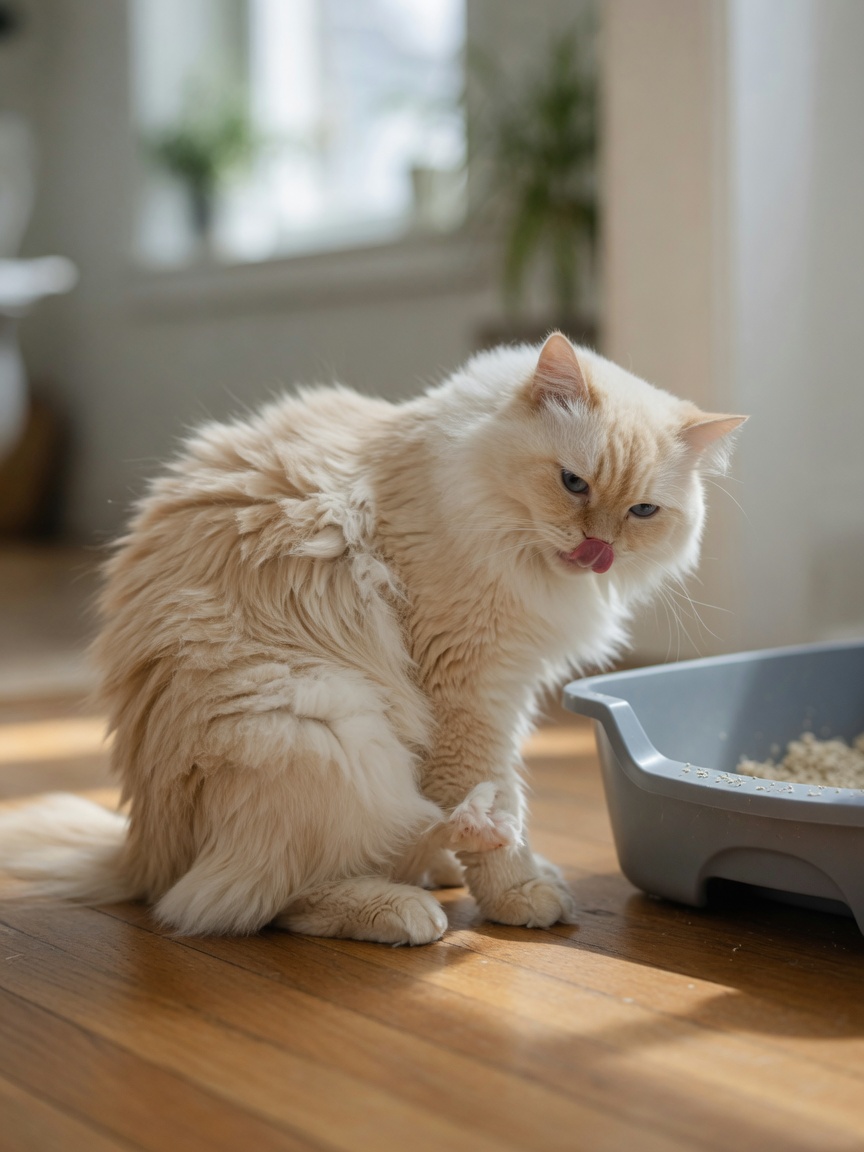 Arthritic cat showing difficulty grooming with matted coat and reluctant posture