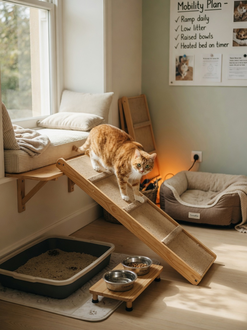 Senior cat navigating accessible home environment with ramp, low-entry litter tray, and raised bowls