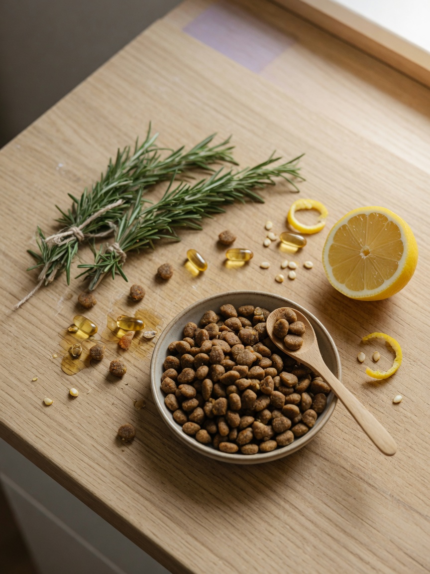 Natural preservative ingredients including rosemary, vitamin E capsules, citrus fruit and pet kibble arranged on wooden surface