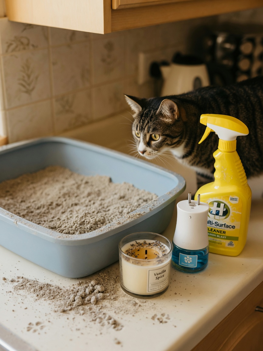 Common household asthma triggers for cats including dusty litter, scented candle, air freshener, and cleaning spray with a curious cat nearby