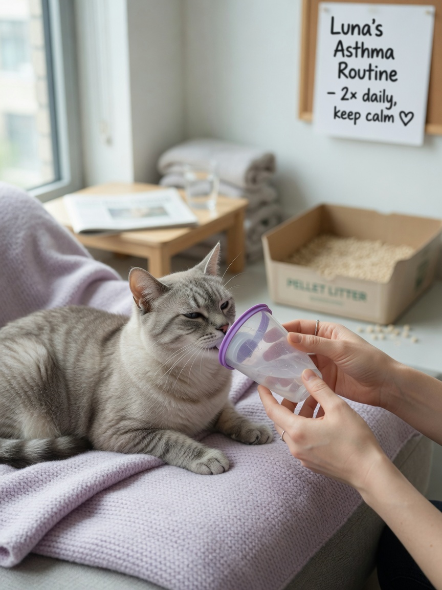 Cat calmly using feline asthma inhaler spacer device with owner's hands guiding, in clean home environment