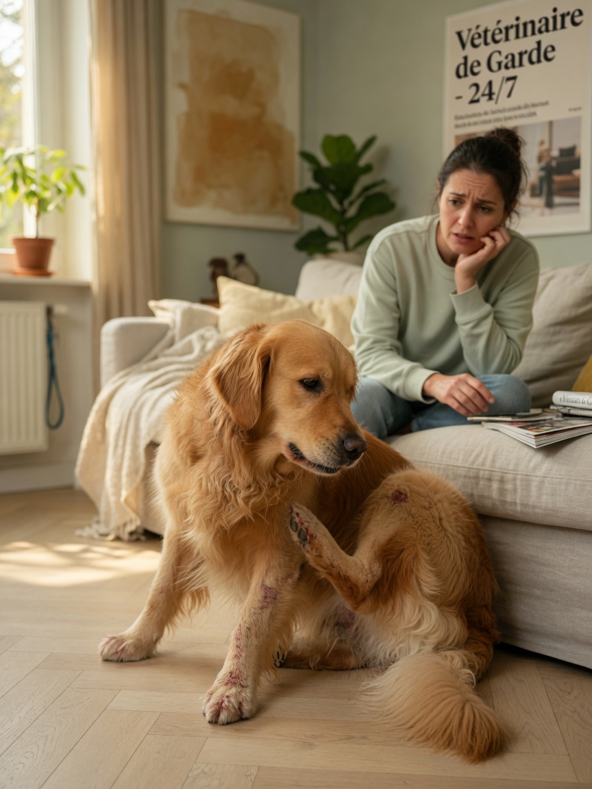 Golden Retriever scratching at inflamed paws due to atopic dermatitis symptoms
