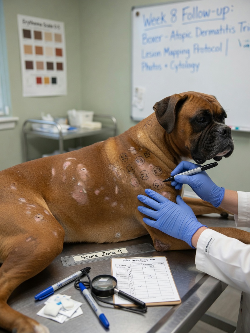 Veterinary dermatologist performing CADESI scoring assessment on a Boxer with visible atopic dermatitis lesions