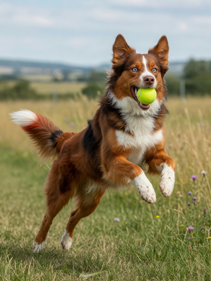 Red tricolour Australian Shepherd catching ball during vigorous play and exercise