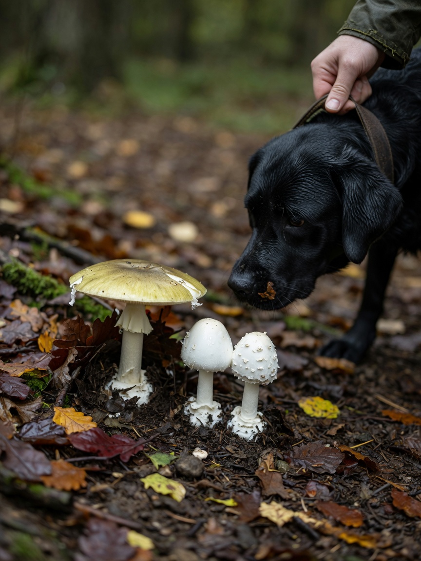 Dangerous wild mushrooms on forest floor with dog being prevented from sniffing them
