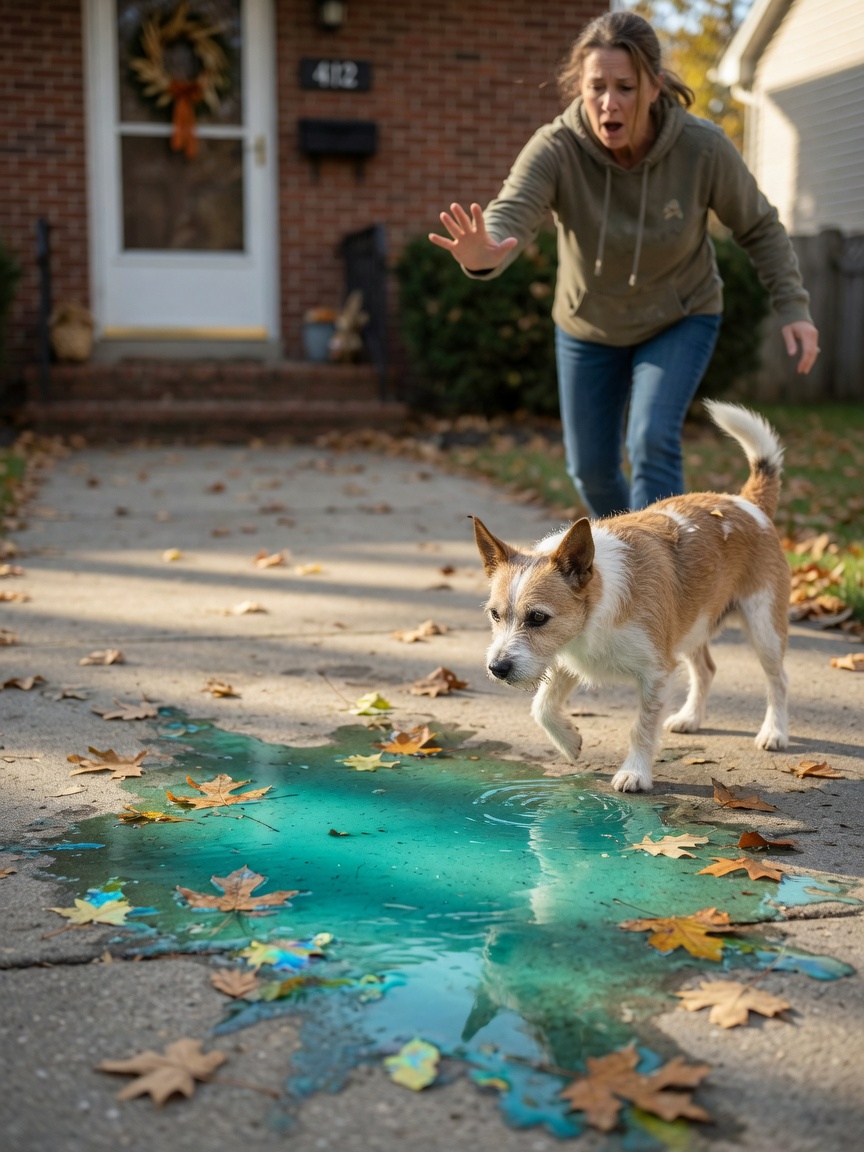 Small dog approaching antifreeze spill on driveway as owner rushes to prevent contact