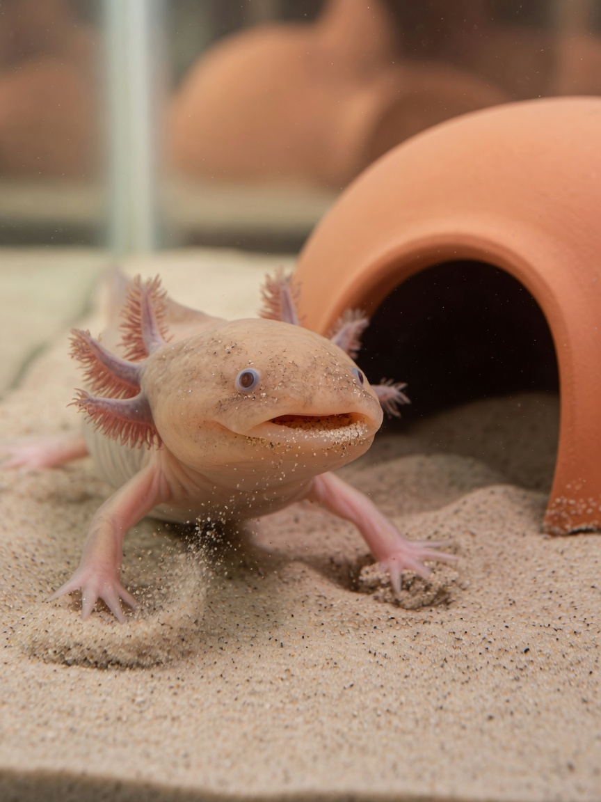 Axolotl feeding on fine sand substrate with terracotta hide visible