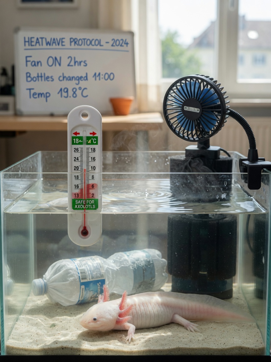 Axolotl tank with cooling equipment including thermometer, desk fan, and frozen water bottles