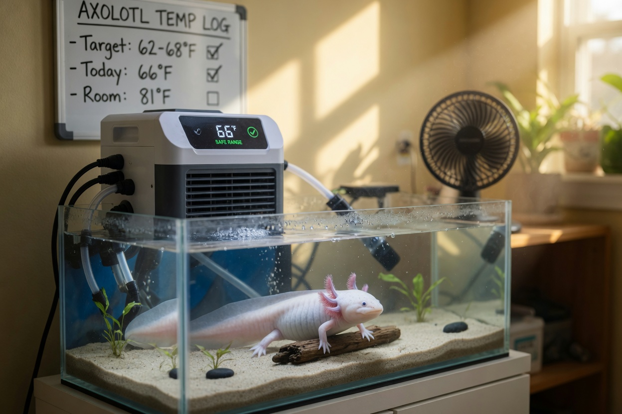 Unidade de resfriador de aquário ao lado de um tanque com um axolotl, mostrando equipamento de controle de temperatura