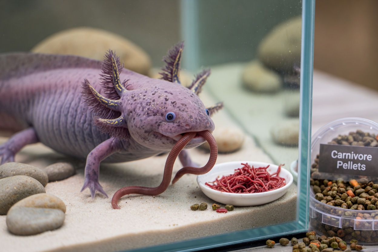 Axolotl prestes a se alimentar de uma minhoca-da-terra com sanguessugas e pellets visíveis por perto