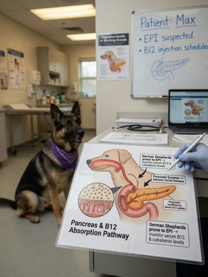Tierärztliche Klinik mit Fokus auf das Verdauungssystem und einen Deutschen Schäferhund, die die Rolle der Bauchspeicheldrüsenfunktion bei der B12-Absorption betont