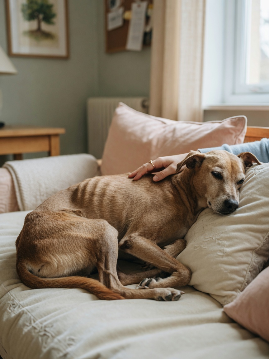 Untergewichtiger Hund ruht auf einem weichen Bett drinnen und zeigt Lethargie und schlechte Körperverfassung, die mit B12-Mangelsymptomen verbunden sind