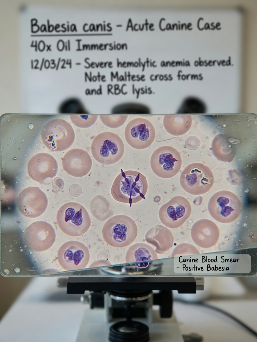 Microscopic view of Babesia parasites within red blood cells showing cellular destruction