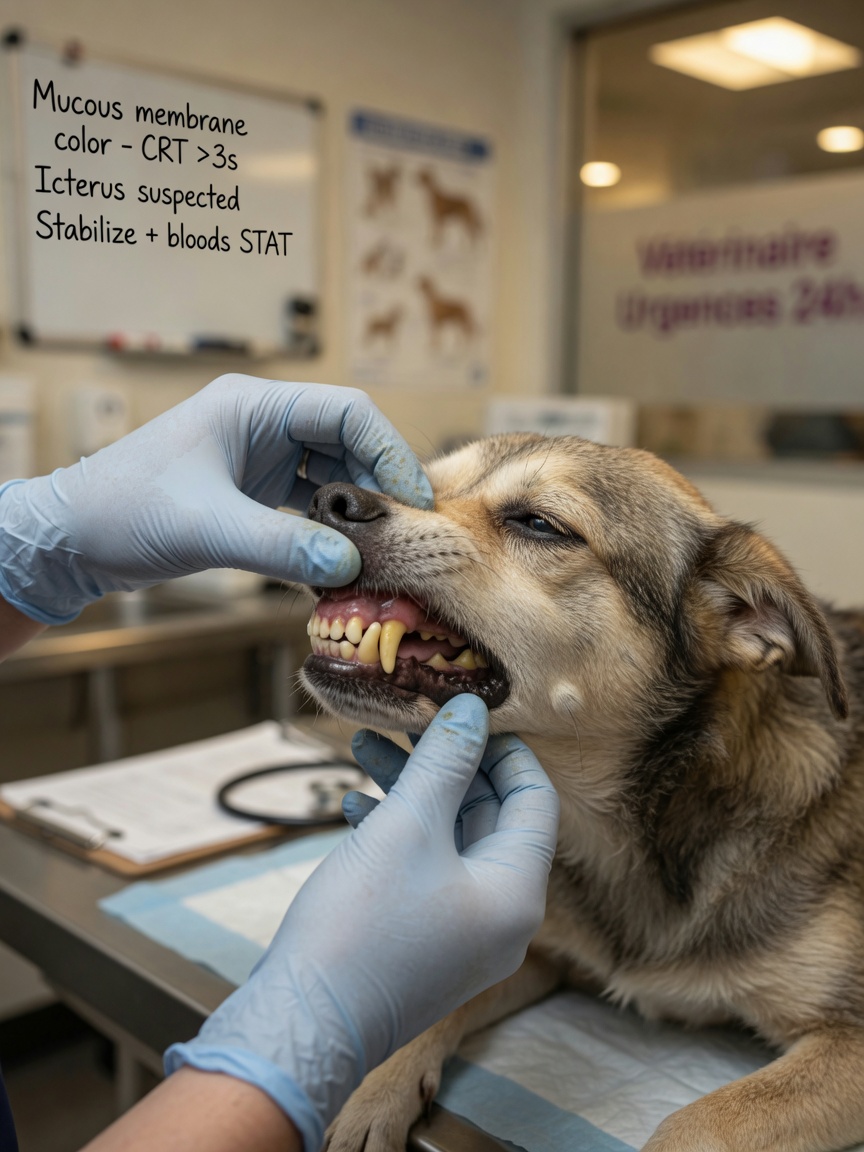 Veterinarian examining a sick dog's pale gums during emergency babesiosis assessment