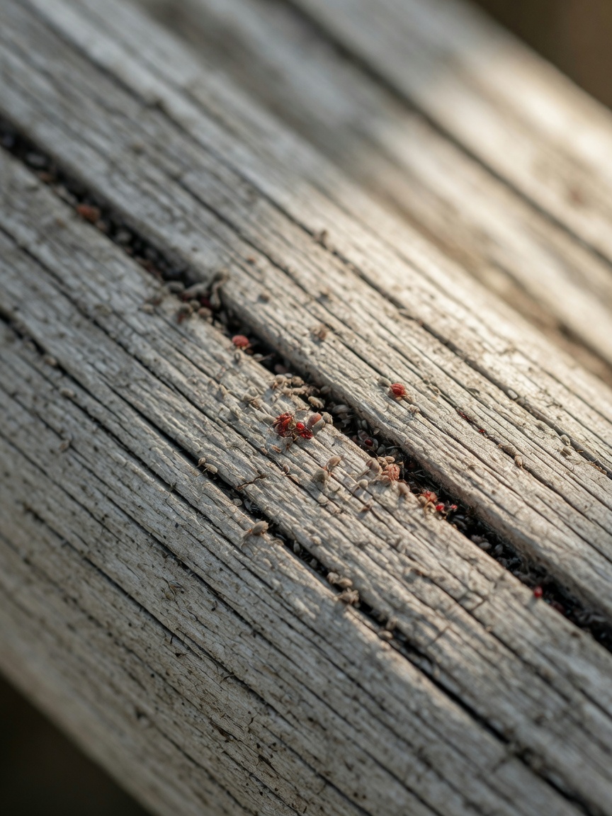 Macro detail of red mites on wooden perch showing greyish and blood-fed appearance in wood cracks