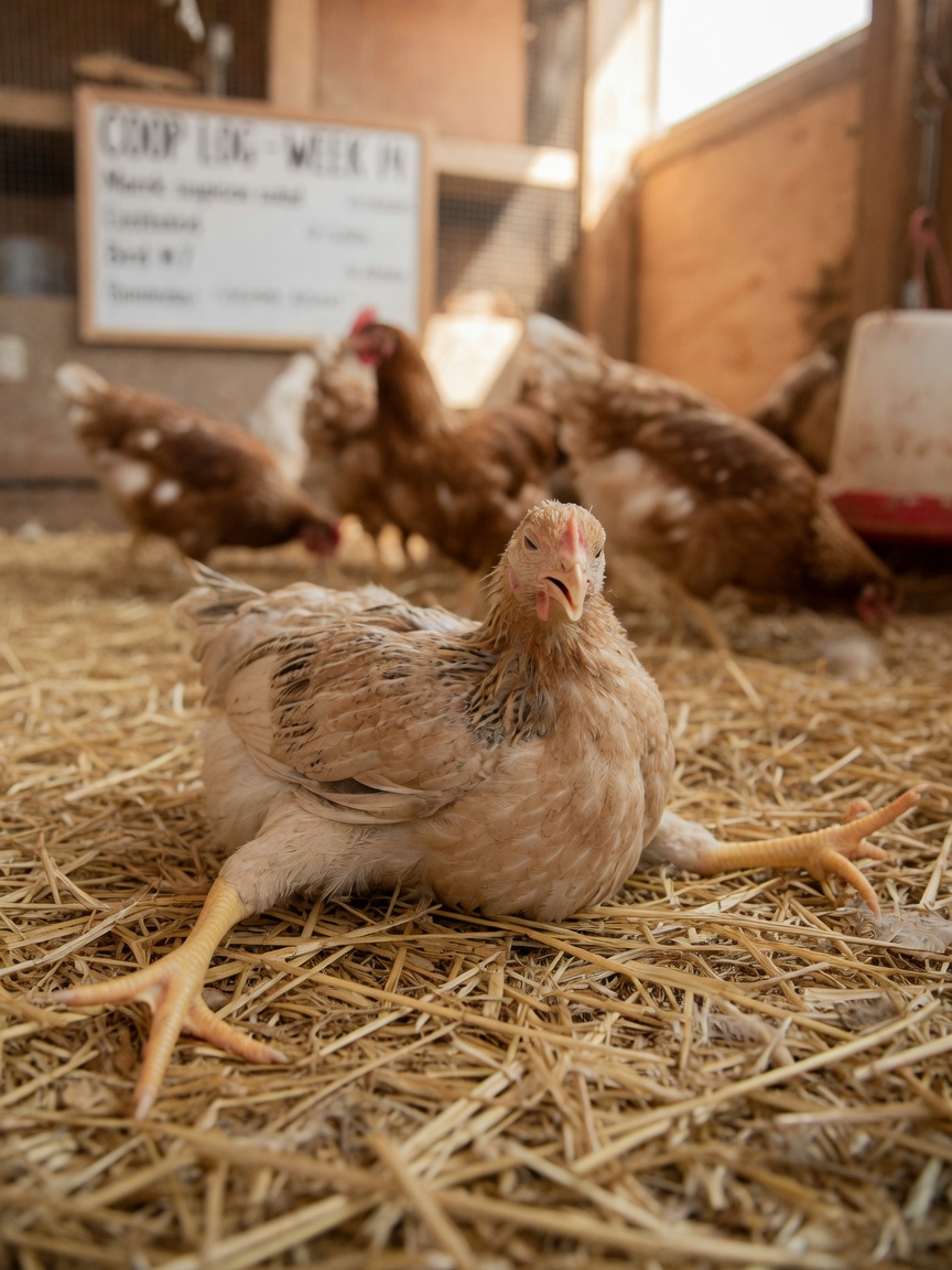Young chicken displaying characteristic Marek's disease leg paralysis with extended posture on bedding